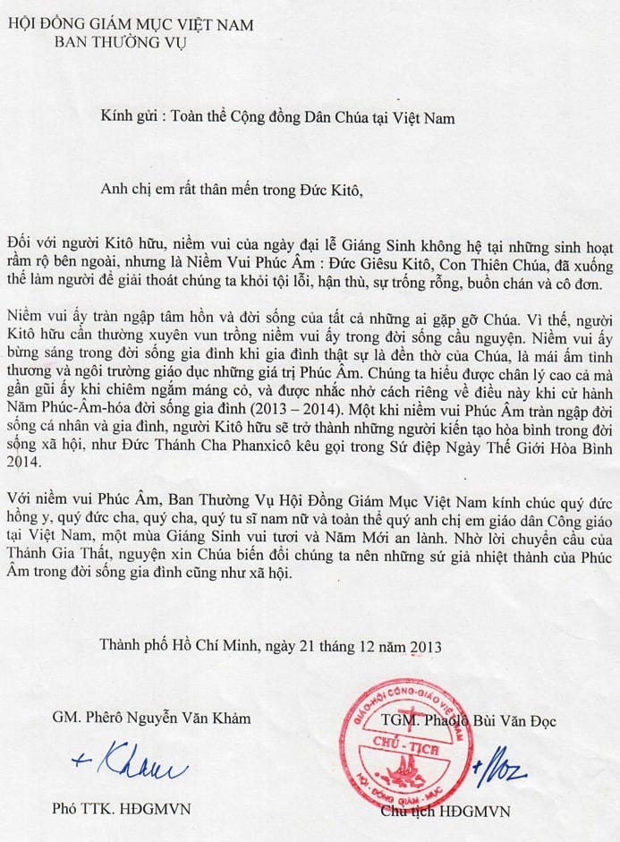 Thư chúc mừng Giáng sinh của Hội đồng Giám mục Việt Nam gửi Cộng đồng Dân Chúa