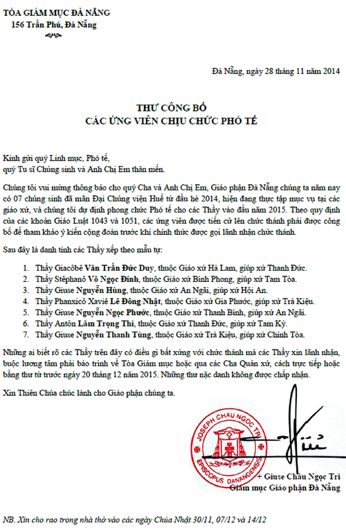 Thư Công Bố Các Ứng Viên Chịu Chức Phó Tế của Giáo Phận Đà Nẵng 2014
