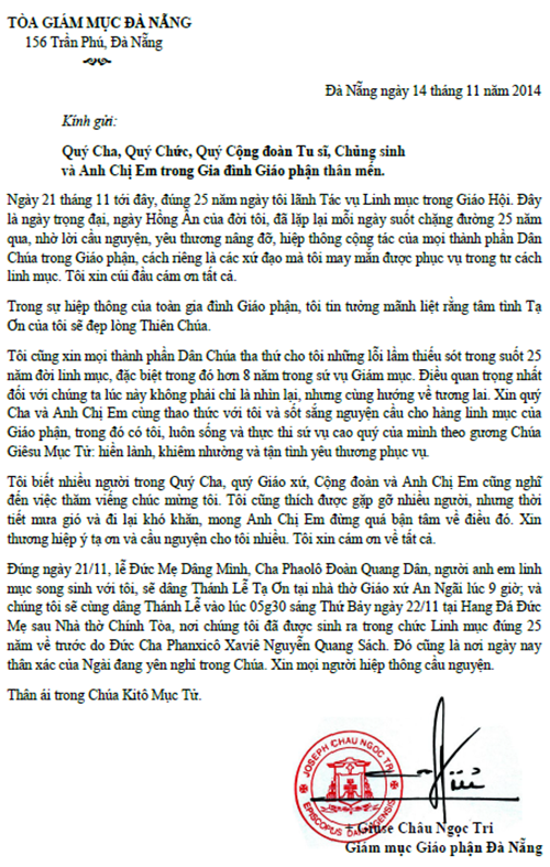 Thư của Đức Giám mục Giáo phận về dịp Ngân Khánh Linh Mục