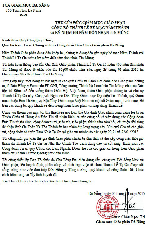 Thư công bố Thánh Lễ Tạ Ơn bế mạc Năm Thánh Giáo phận