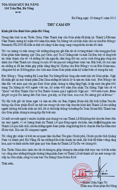 Thư cám ơn của Đức Giám mục Giáo phận sau Thánh Lễ Tạ Ơn 23.01.2015