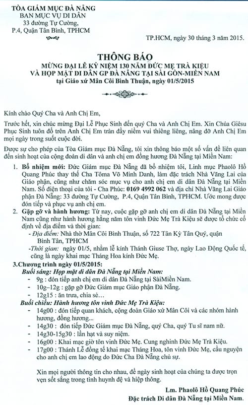 Thông báo về Mục vụ Di dân của Giáo phận Đà Nẵng tại Miền Nam 2015