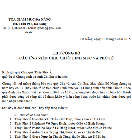 Công bố các ứng viên xin chịu chức Linh mục và Phó tế năm 2015