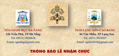 Thông báo TGM Đà Nẵng: V/v Lễ Nhậm Chức Giám Mục Giáo Phận Đà Nẵng và Giáo Phận Lạng Sơn