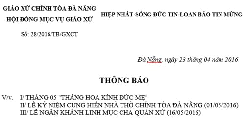 Thông Báo: v/v. Tháng Hoa, Kỷ Niệm Cung Hiến Nhà Thờ và Lễ Ngân Khánh Linh Mục Quản Xứ