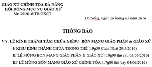Thông Báo: Số 35 về Lễ Kiệu Mình Thánh Chúa, Bổn Mạng Giáo Phận và Giáo Xứ
