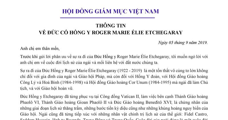 Thư phân ưu của Hội Đồng Giám Mục Việt Nam