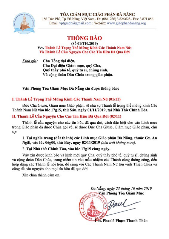 Tòa Giám Mục Đà Nẵng – Thông Báo số 01/T10.2019