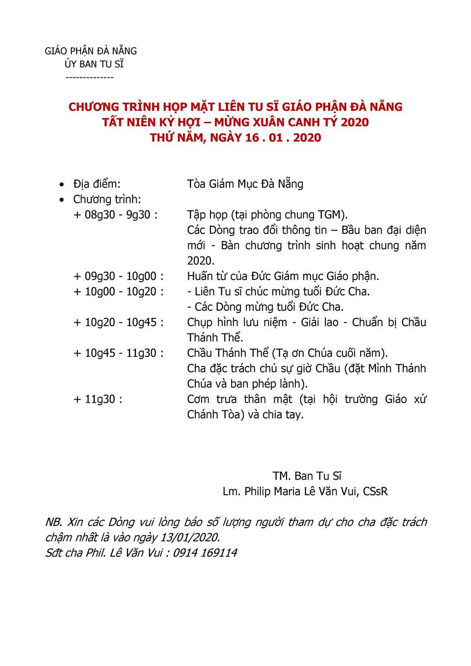 Thông Báo Gặp Mặt Tất Niên và Mừng Xuân Canh Tý 2020 Của Liên Tu Sĩ Giáo Phận Đà Nẵng