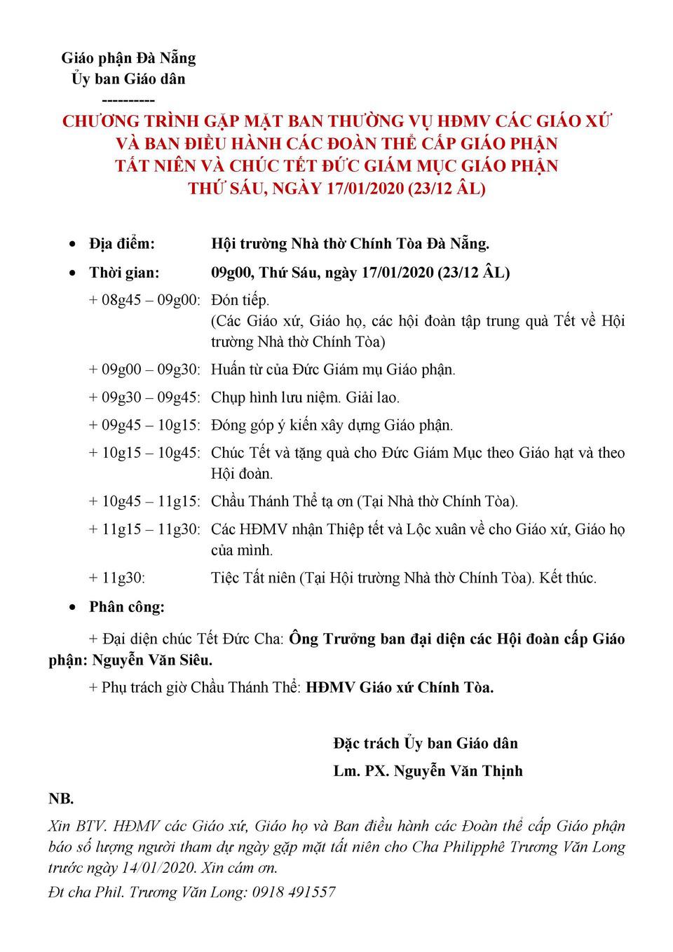 Thông Báo Ngày Gặp Mặt Tất Niên và Chúc Tết Đức Giám Mục cấp Giáo Phận