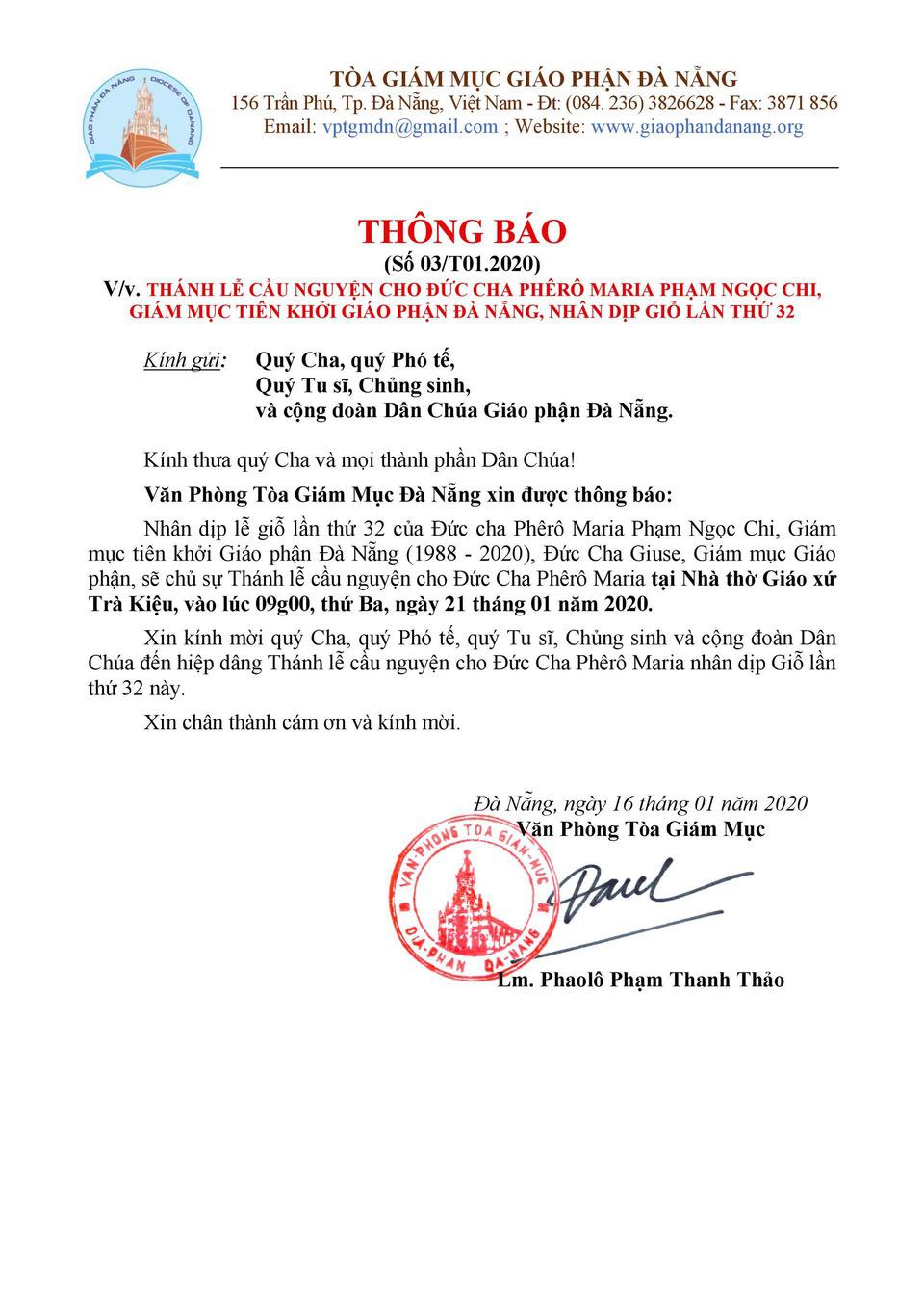 Thông Báo Thánh Lễ Giỗ Lần Thứ 32 Của Đức Cha Phêrô Maria Phạm Ngọc Chi – Giám Mục Tiên Khởi GP Đà Nẵng