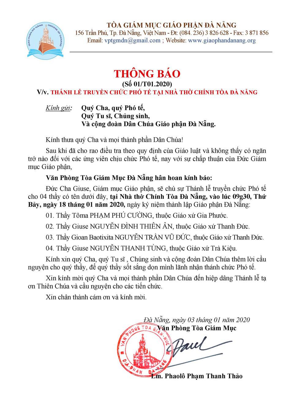 Thông Báo Thánh Lễ Phong Chức Phó Tế 18/01/2020